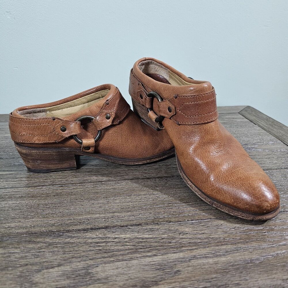 Frye Carson‎ Belted Harness Mules Brown Distressed Leather Womens 9